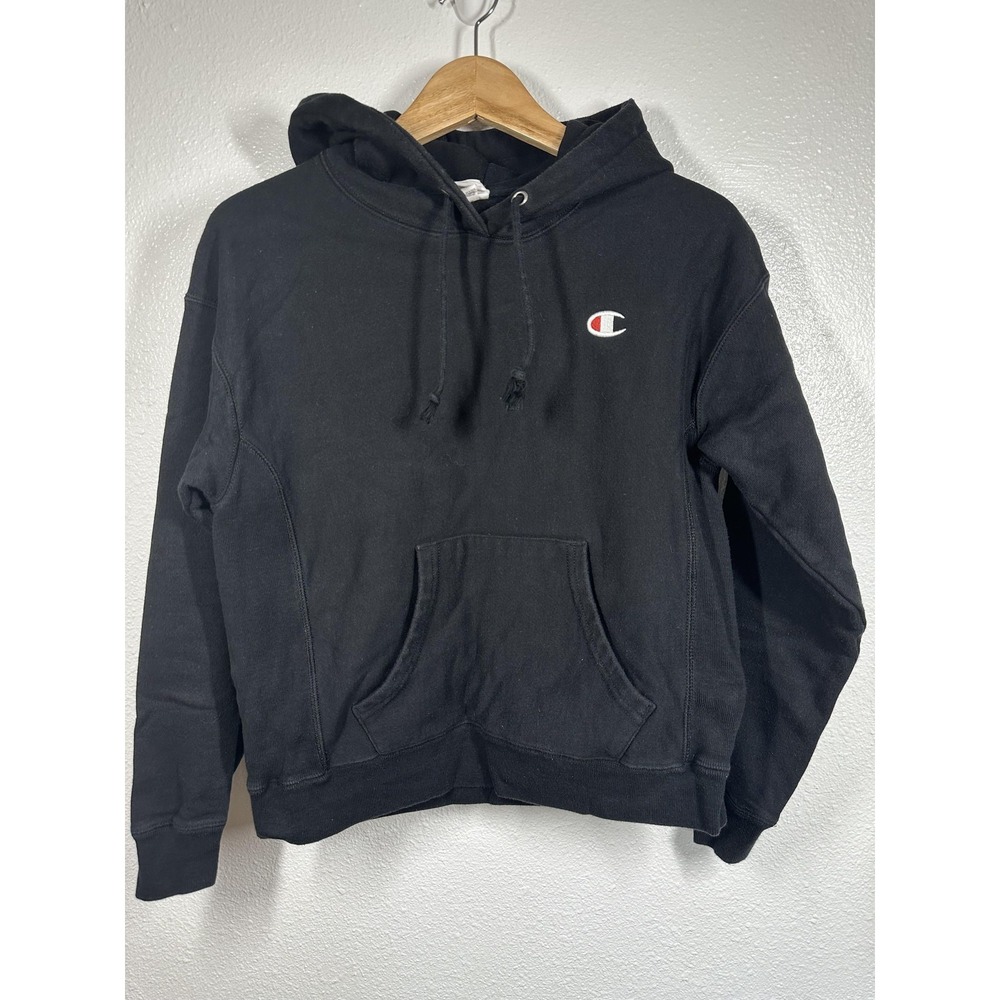 Champion Hoodie Mens Small Black Reverse Weave Pullover Sweatshirt GF857 Logo